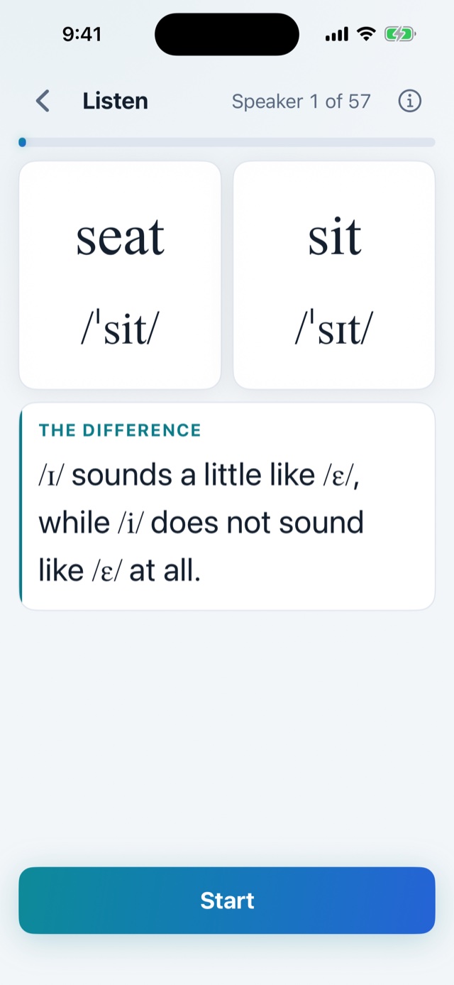 The Listen screen for seat – sit: both word tiles with their phonemic forms, a tip card naming the difference, and the Start button. The header counts 57 speakers.